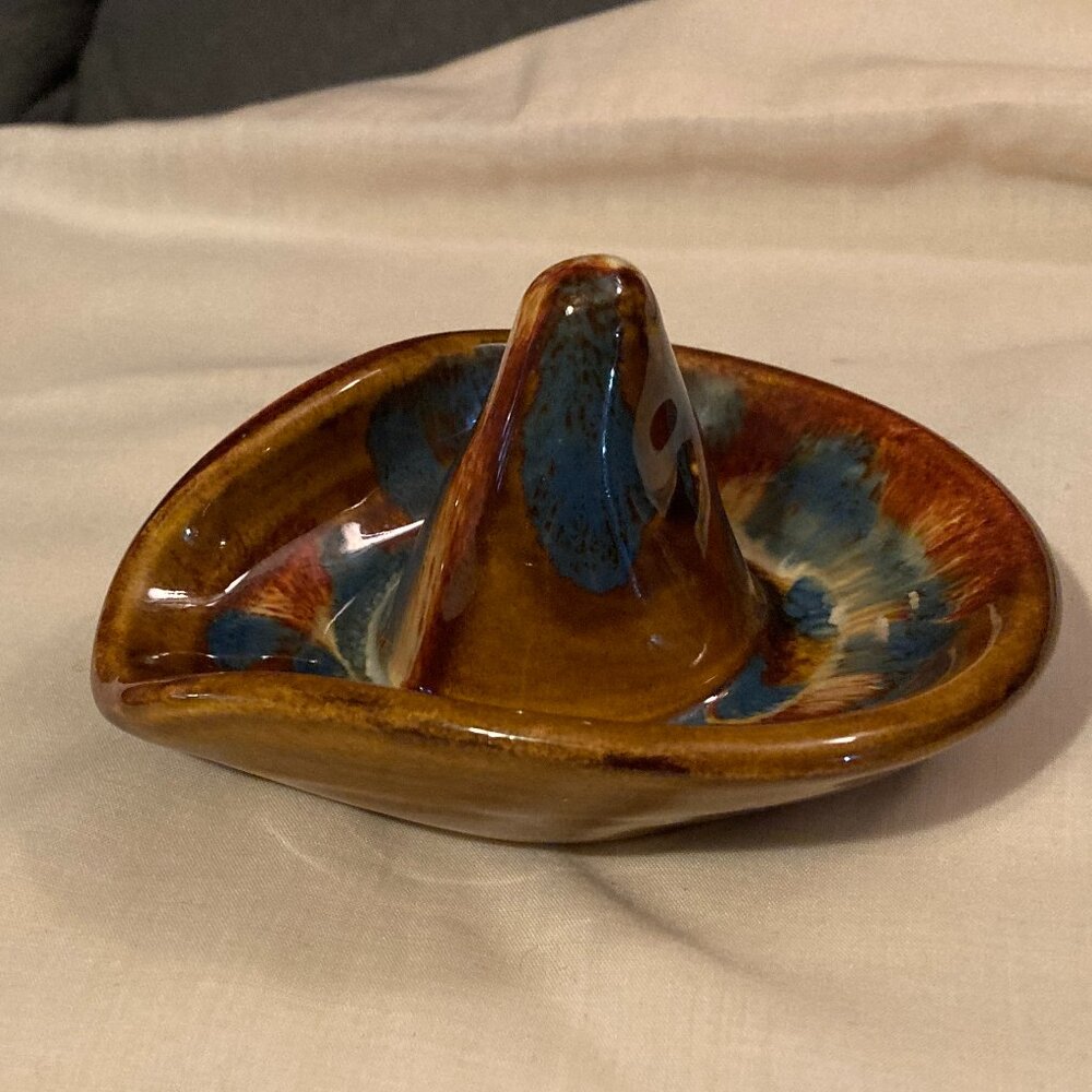 VTG 1970's Dryden Original Pottery-Multicolor Drip Glaze Ring Dish/Hat/Decor-EUC